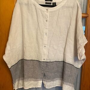 Tahari Women's White and Gray 100% Linen Size L color block Shirt. Lagenlook